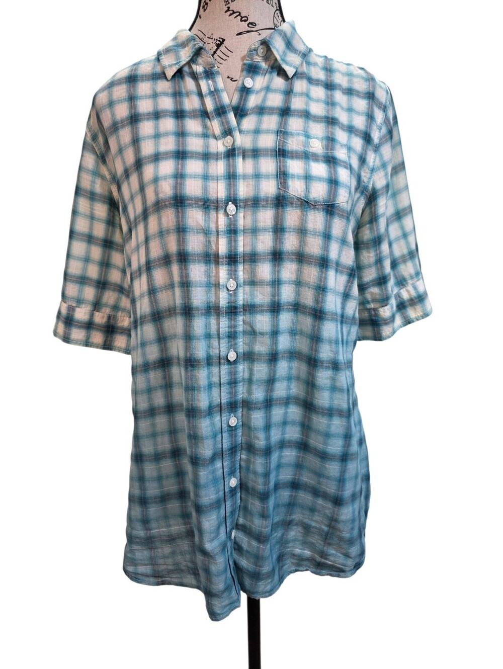 Eddie Bauer Plaid Short Sleeve Top L Teal Cream Back Pleat Boho Prairie